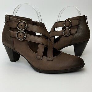 Earth Amber heeled Mary Jane Style Strappy Ankle Booties Comfort Bark NWOB